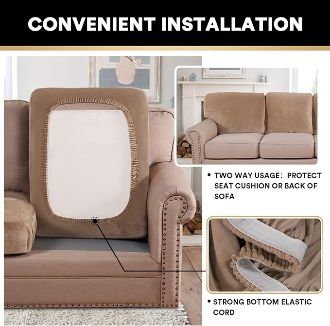 PrinceDeco Super Soft Couch Cushion Covers for Sectional Couch, Velvet Sofa Slipcover for Cushion Sofa pet Friendly with Elastic Bottom(Each Width Up to 29.5", Camel) - Image 5