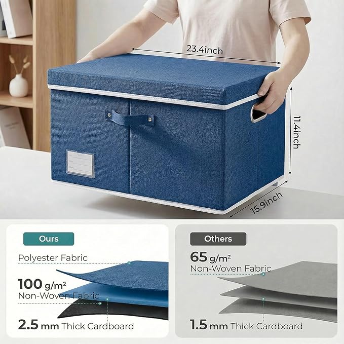 PRANDOM Storage Bins with Lids [3-Pack] Linen Fabric Foldable Storage Boxes Organizer Containers Baskets Cube with Cover for Bedroom Closet Office Royal Blue(23.4X15.9X11.4) - Image 3