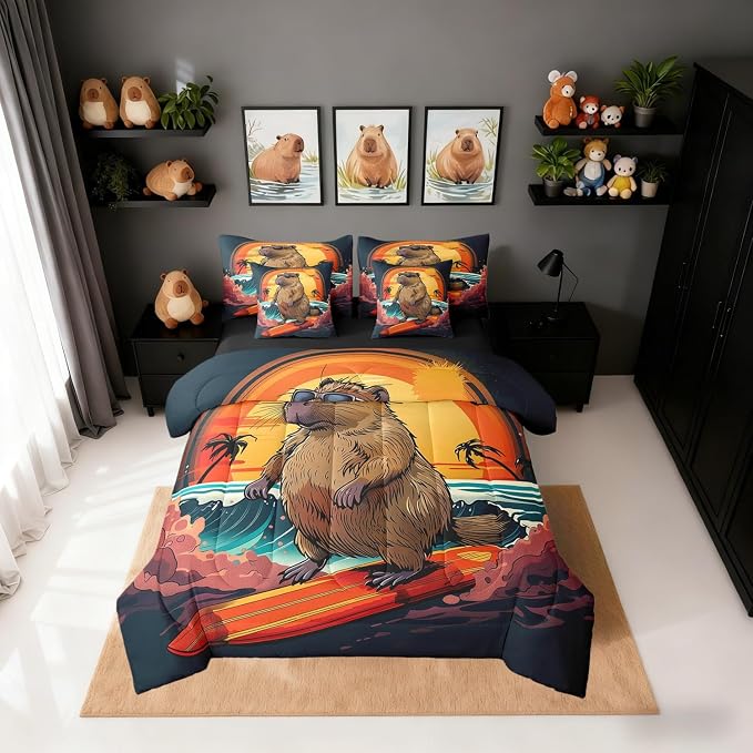Erosebridal Cute Beaver King Size Comforter Set with Sheets, Wild Animal Bed in A Bag for Kids Teens Youth Adults Bedroom, Wildlife 7 Pcs Bedding Set, Funny Beach Palm Tree Bed Sets by Erosebridal