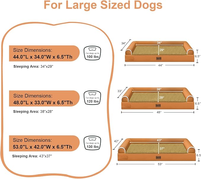 NANUYA Orthopedic Dog Bed for Jumbo Dogs, 53 x 42 Inch, Orange | Egg crate foam for joint support, 3-sided bolster pet sofa, waterproof lining, washable cover, and non-skid base - Image 6