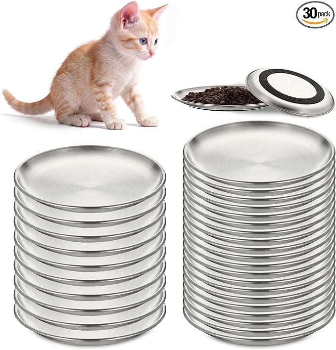 Unittype 30 Pcs Cat Bowls Bulk Stainless Steel 13 oz Kitten Bowls Non-Slip Silicone Bottom Cat Plates Pet Flat Dish Non Slip Bowl for Wet Dry Food by Unittype