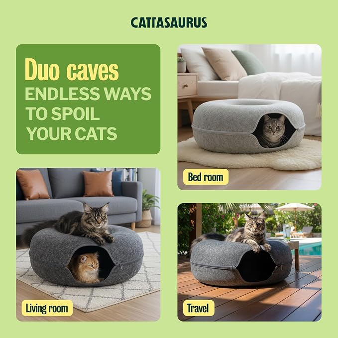 Cattasaurus Peekaboo Cat Cave Duo Jumbo Set, Extra Spacious Cat Donut for Multiple & Large Kitty 15+ lbs, Scratch Detachable Cat Beds for Indoor Cats, Washable Cat Tunnel Bed, Best Kitten Toys - Image 3