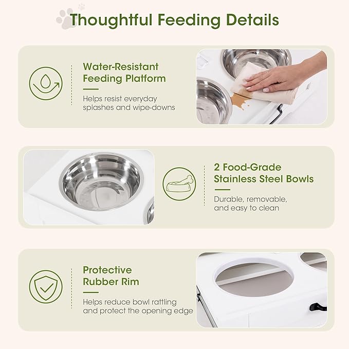 Dog Feeding Station with Storage Cabinet, White Wood Dog Cabinet with 2 Elevated Stainless Steel Bowls, Hidden Pull-Out Feeder Drawer, Pet Feeding Station for Kitchen and Living Room - Image 4