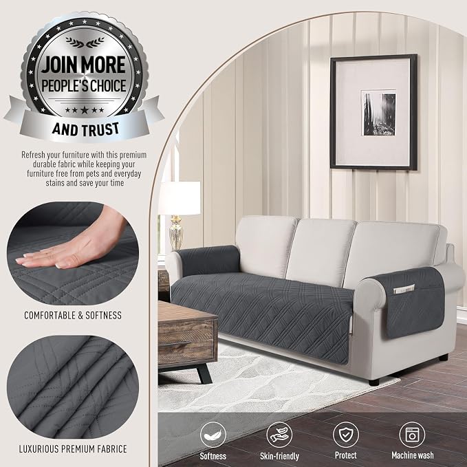 TAOCOCO Waterproof Couch Covers for Pets Dogs with Non Slip Backing, Sofa Seat Covers with Side Pocket for 3 Cushion Couch Washable Dog Couch Cover Protector Sofa Slipcovers(Sofa, Charcoal Gray) - Image 3