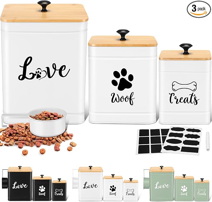 Jingmore Metal Dog Treat Containers Set of 3 with Bamboo Lids and Spoon Airtight 7+3+2 lbs Dog Food Snack Jars with DIY Labels Big Pet Cookie Storage Jar for Kitchen Counter(White,Modern) by Jingmore