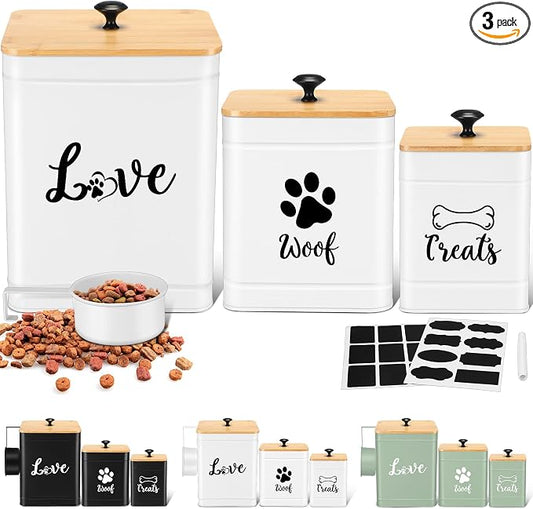 Jingmore Metal Dog Treat Containers Set of 3 with Bamboo Lids and Spoon Airtight 7+3+2 lbs Dog Food Snack Jars with DIY Labels Big Pet Cookie Storage Jar for Kitchen Counter(White,Modern) by Jingmore