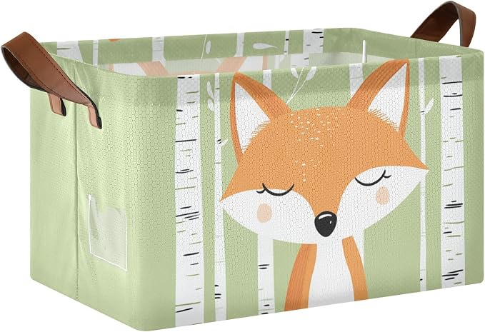 Woodland Cute Cartoon Fox Baby Storage Basket with Labels&Handles Forest Animal Fox Nursery Storage Bins Collapsible Shelf Organizer Baskets for Kids Books Cloth Gift Basket Toys Laundry by Unknown