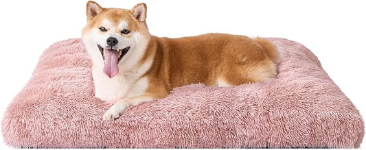EHEYCIGA Fluffy Dog Crate Bed for Large Dogs, Plush Faux Fur Pad, Pink | Calming Anti Anxiety Large Dog Crate Bed, Washable Soft Warm Mat with Non-Slip Bottom by EHEYCIGA