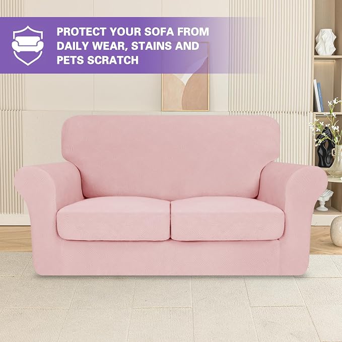 ZNSAYOTX 3 Piece Stretch Loveseat Covers (55"-69"), Thick Striped Sofa Covers for 2 Cushion Couch with Elastic Band Bottom Ties Non-Slip Stay in Place, Soft Durable Love Seat Slipcovers, Rose - Image 2