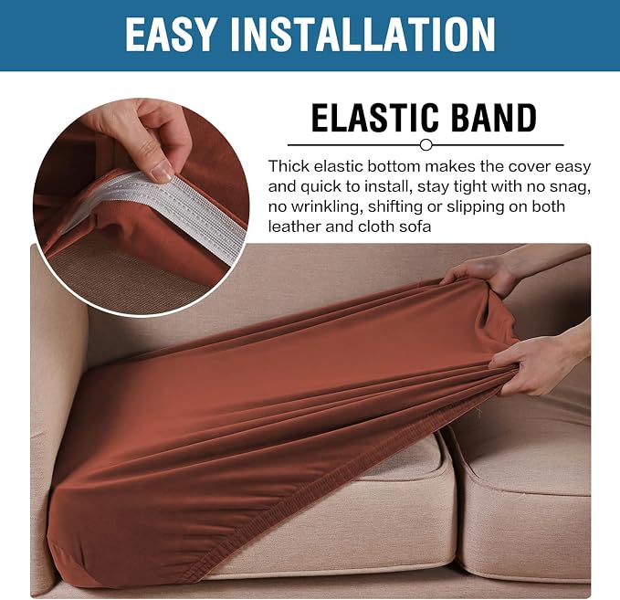 H.VERSAILTEX Velvet Stretch Couch Cushion Cover Plush Cushion Slipcover for Chair Loveseat Sofa Cushion Furniture Protector Seat Cushion Sofa Cover (3 Piece XL Sofa Cushion Covers, Rust) - Image 4
