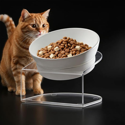 LivLab Mker Raised Cat Bowl, Elevated Cat Food Bowls with Stand - 15° Tilted Shallow Cat Dish for Whisker Fatigue Relief, 4.5" Height for Easy Feeding, Lead & Cadmium Free Melamine Bowl, White by LivLabMker