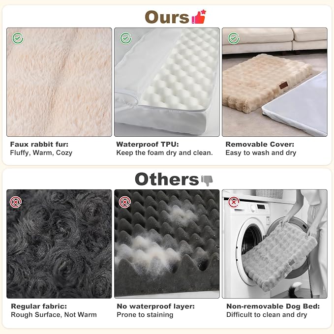 Orthopedic Dog Beds for Large Dogs, Fluffy Faux Rabbit Fur Pet Bed with Removable Washable Cover, Dog Bed Mat with Egg Crate Foam & Waterproof Lining, Anti Slip Bottom, Light Khaki,36"x27"x3" - Image 6
