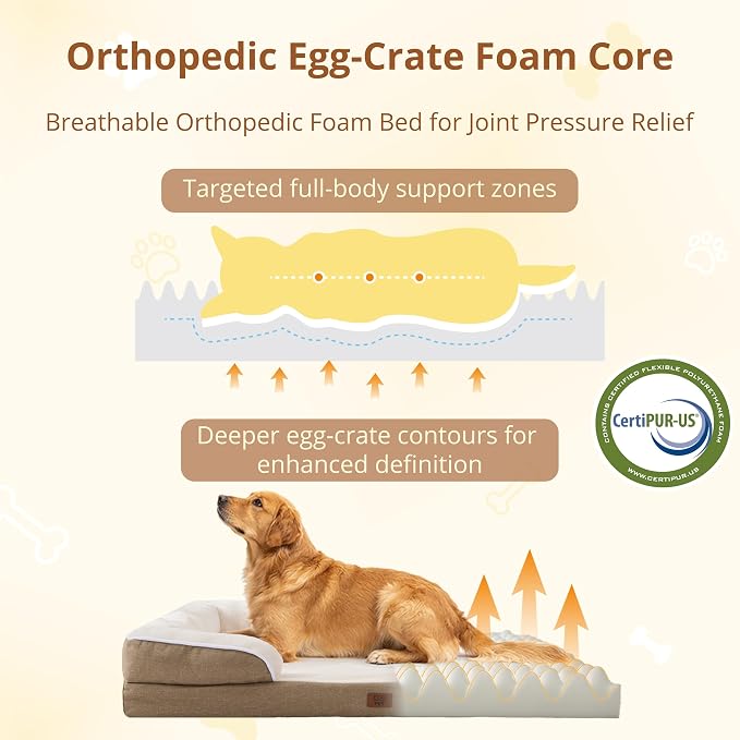 EGOHOME Orthopedic Dog Bed with Sides for Large Dogs 44x32x6.5in Beige | Water Resistant Egg Crate Foam Dog Couch with Removable Washable Cover & Non-Slip Bottom, Comfort Support Pet Sofa - Image 4
