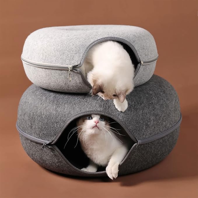 Cat Tunnel Bed for Indoor Cats with 3 Toys, Scratch Resistant Donut Cat Bed, Up to 9 Lbs (M 20x20x9, Light Grey) - Image 6