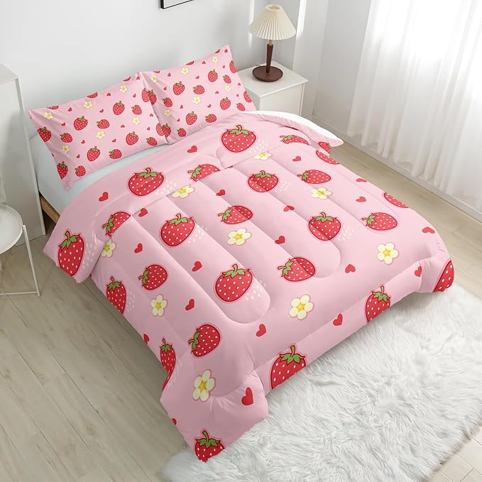 Nttopship Cute Strawberry Comforter Sets, King Size Kids Bedding Sets with Cute Strawberries and Flowers Pattern, All Season Comforter and 2 Pillowcases - Image 4