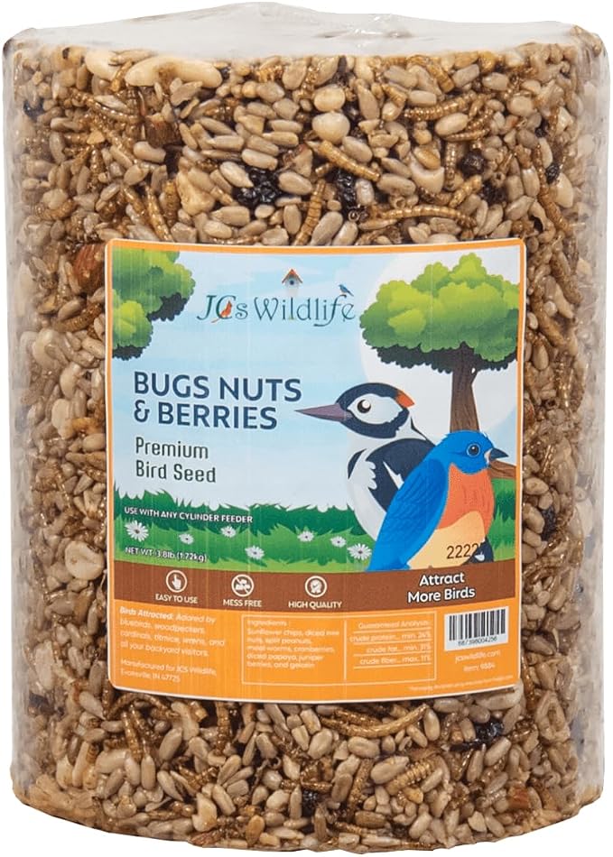 JCs Wildlife Bird Seed Cylinder with Hole Variety Pack, Premium Blends Wild Bird Food for Outside Feeders, Cardinals Woodpeckers Finches Bluebirds Chickadees, Made in the USA, Large, 5 Pack - Image 5