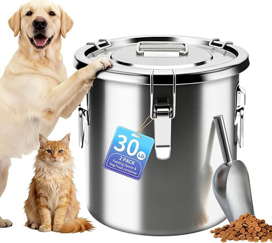 30 lb Stainless Steel Dog Food Storage Container, Airtight Metal Pet Food Storage Bin with Lid and Scoop, Large Dog Food Container for Dry Food, Keep Fresh, Easy to Clean by PawtyPets