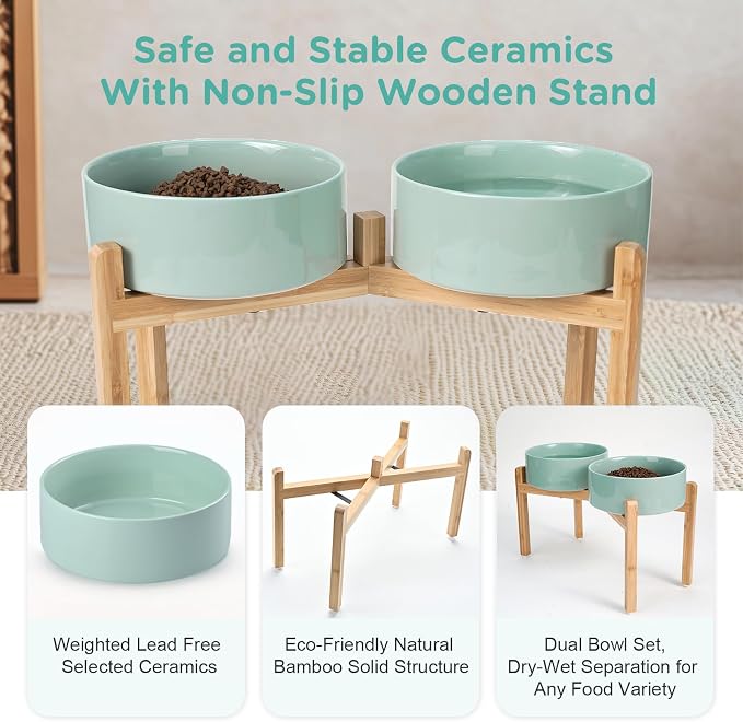 SPUNKYJUNKY Elevated Dog Bowls Ceramic, 8.3'' Dogs Food Water Bowls Raised with Non-Slip Bamboo Stand for Large Sized Breed Microwave Dishwasher Safe - 60 OZ,Light Green - Image 6