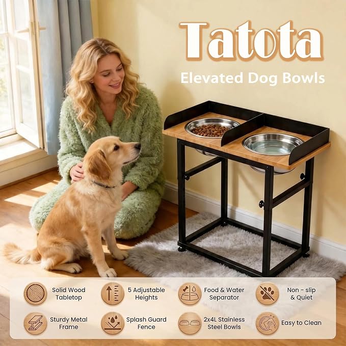 Wooden Elevated Dog Bowls, 5 Heights Adjustable 16.1-21.7" for Large Senior Dogs, Splash-Proof Guard Sturdy Iron Base,2×4L 304 Stainless Steel Bowls, Reduces Joint Pain, Non-Slip Feet - Image 6