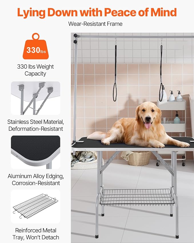 VEVOR Pet Grooming Table, 46 Inch Grooming Station with 2 Height Adjustable Arms, 330LBS Static Load Capacity, Foldable Dog Groom Station with No-Sit Haunch Holder with Loop, for Medium/Small Dogs - Image 2