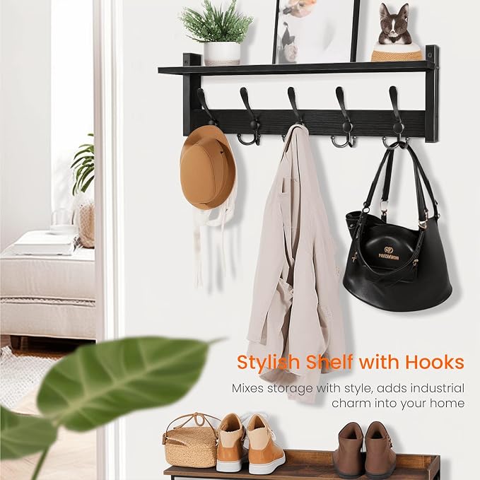 Homode Coat Rack with Shelf, 24" Coat Hooks Wall Mounted with Shelf | Wooden Hanging Coat Hanger with Tri Hooks for Entryway, Bathroom, Mudroom, Bedroom, Black - Image 3