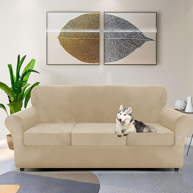 ZNSAYOTX Oversized Velvet Couch Cover 4 Piece (92"-115") Stretch Sofa Covers for 3 Cushion Couch Thick Soft XL-Slipcover with Non Slip Strap, Dog Pet Friendly Nice Furniture Protector (Camel) - Image 2