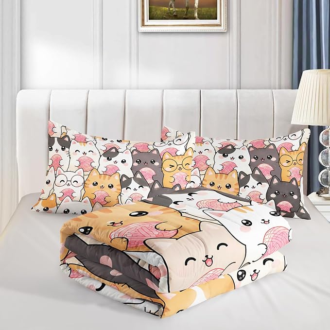 QOOMO Kawaii Cat Comforter Twin Size,Cats Bedding Set for Kids Teens Girls Boys,3Pcs Bedding Set Printed Comforter with 2 Pillowcases,Down Alternative,Soft and Lightweight，Twin Size - Image 5