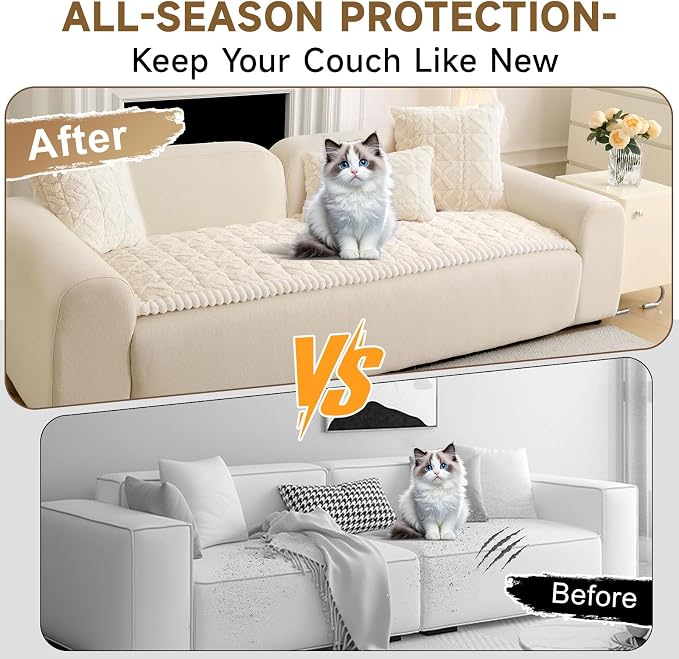 OTOB Couch Cover for Dogs Washable Pet Friendly, Non Slip Plush Fuzzy Love Seat Couch Covers Sofa Slipcovers, Geometric Jacquard Soft Pet Cushion Mat Furniture Protector (Off White, 27.6" x 59.1") - Image 4