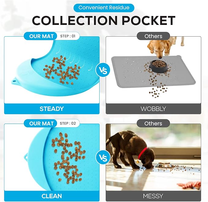 Dog Food Mat - 32” x 19” Pet Feeding Mat with Residue Collection Pocket - Large Silicone Dog Mat for Food and Water - Waterproof Dog and Cat Bowl Mat, High Edges to Prevent Spills, Light Blue - Image 3