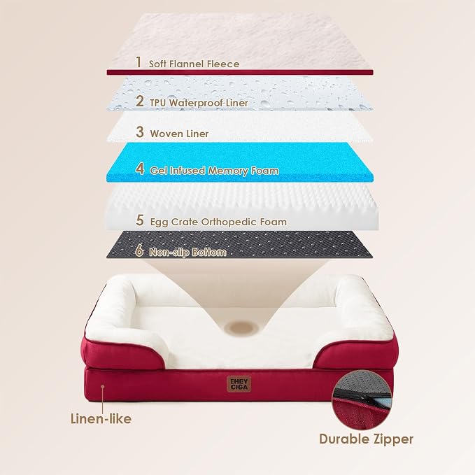 EHEYCIGA Orthopedic Extra Large Dog Bed, Waterproof Washable XL Pet Bed 44" | Non-Slip Bottom and Egg-Crate Memory Foam Big Dog Couch Bed with Washable Removable Cover, Red, 44Inch - Image 5
