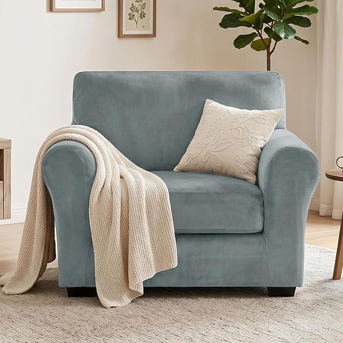 XINEAGE 2-Piece Velvet Armchair Sofa Cover, Couch Covers for Dog,Light Gray | 1 Cushion Chair,Stretch Non-slip Elastic, Pet-friendly, Washable, Fast Setup, Soft Plush Fabric, Furniture Protector. - Image 4