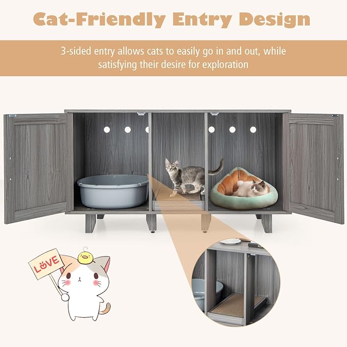 Tangkula Patented Double Cat Litter Box Enclosure for 2 Cats, Large Stackable Hidden Privacy Cat Washroom Cabinet with Scratching Board, Indoor Cat House TV Stand, Litter Box Furniture (Grey Oak) - Image 8