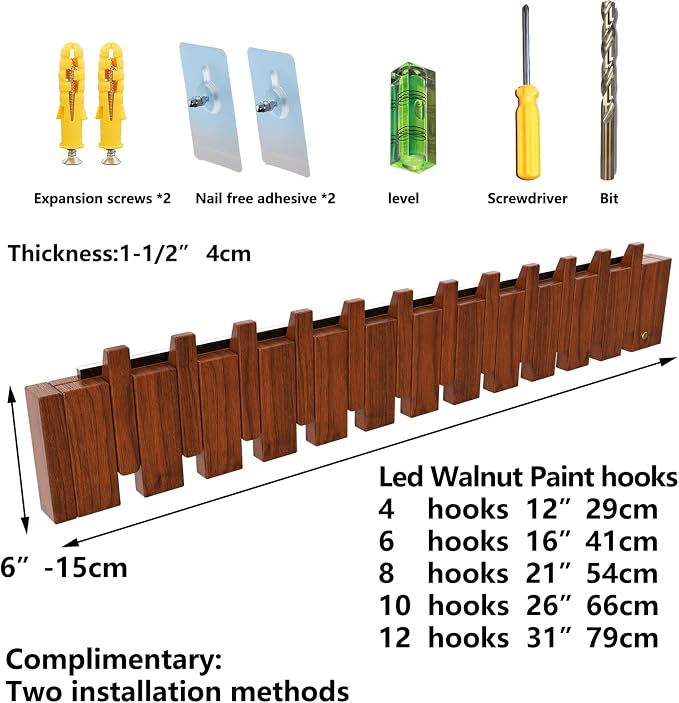 Wall Mounted Coat RackHooks Piano Key Hangers Natural Solid Wood Hanger Non-Woven Fabric Clothes Hangers for Closet, Kitchen, Bedroom, Bathroom, Entryway (Led Walnut, 10 Hooks) - Image 3