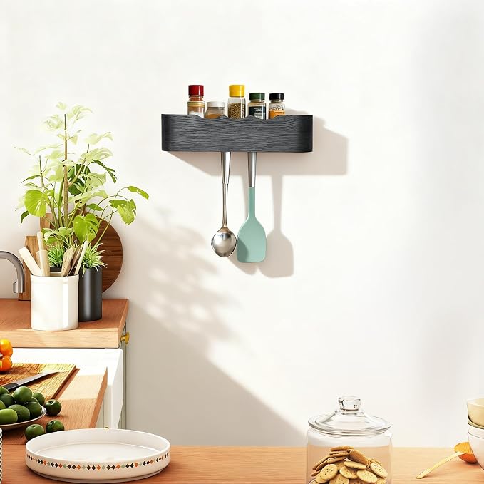 Coat Rack Wall Mount with Shelf Entryway Shelf Modern Key Holder Hanger Wall Shelves with Hidden Hooks for Hanging Towels Coats Hats Bags for Hallway Bathroom Bedroom (Wavy Black, 4 Hooks) - Image 7