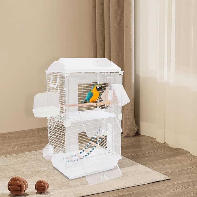 2-Door Wrought Iron Bird Cage Parakeet Cage w/Roof & Handles, Parrot Cage Pet Birds Flight Cage, Interactive Birdcages Bird House Travel Cages for 1-3 Birds (28''H, Transparent-A) - Image 3