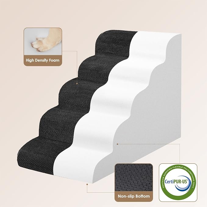 EHEYCIGA Curved Dog Stairs Ramp for High Beds, 5-Step Extra Wide Dog Steps for Small Dogs and Cats, Pet Stairs for High Bed Climbing, Non-Slip Balanced Pet Step Indoor, Black - Image 4