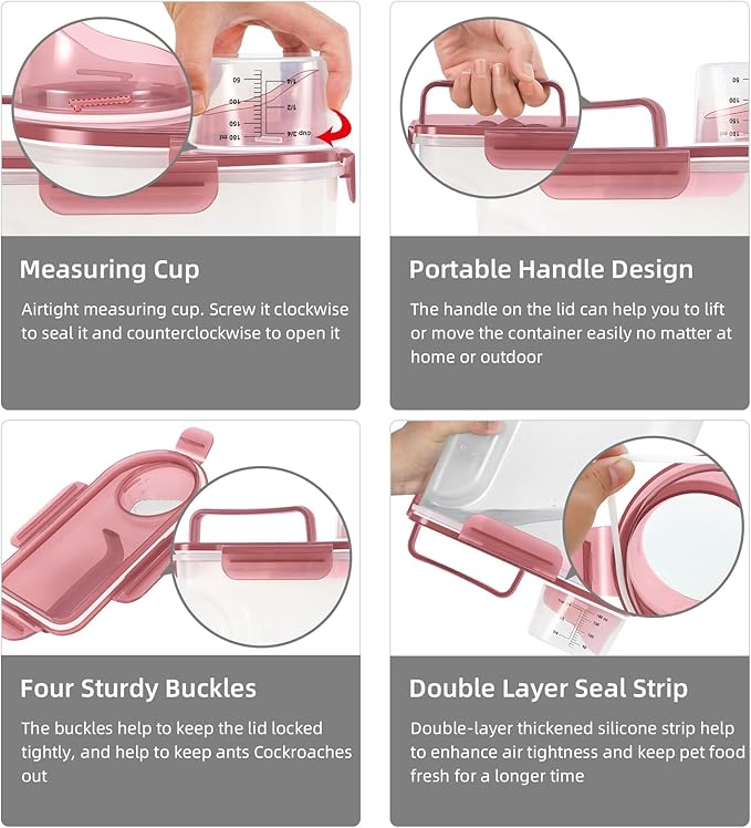 LEAWALK 2Pack Cat Dog Food Storage Container Upgraded Large Nozzle BPA-free, 3+5lbs Plastic Pet Food Containers, With 4 Sealed Clasps/1 Measuring Cup/Handle Easy Clean and Carry (Clear Pink) - Image 3