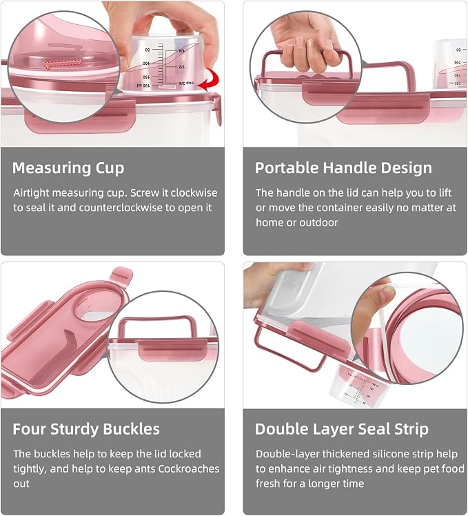 LEAWALK 5-7Lbs/6Qt Dog Cat Storage Container Portable with Upgraded Large Spout and Cup, Plastic Pet Food Dispenser for Small Animal Kibble, Bird Seed, Oatmeal, Rice, Flour, Brown Sugart- Clear pink - Image 4