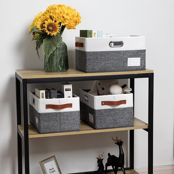 PRANDOM Foldable Storage Bins with Handles [3-Pack] Fabric Collapsible Storage Boxes Baskets Cubes Containers with Handles for Closet Living Room Bedroom (Grey & White 14.9x9.8x8.3'') - Image 2
