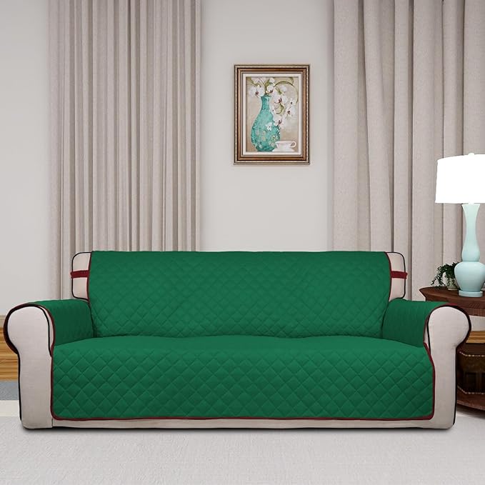 PureFit Reversible Quilted Sofa Cover Dog Couch Covers for Sofa, 66 in | Green/Red, Water Resistant Couch Protector, Washable Pet Couch Cover with Non Slip and Elastic Straps For Kids - Image 2