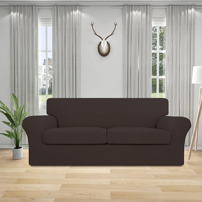 Easy-Going 3 Pieces Stretch Oversized Loveseat Couch Cover for 2 Cushion Couch Sofa Cover for Dogs Washable Sofa Slipcover Elastic Furniture Protector for Pets (Chocolate, Oversized Loveseat) - Image 2