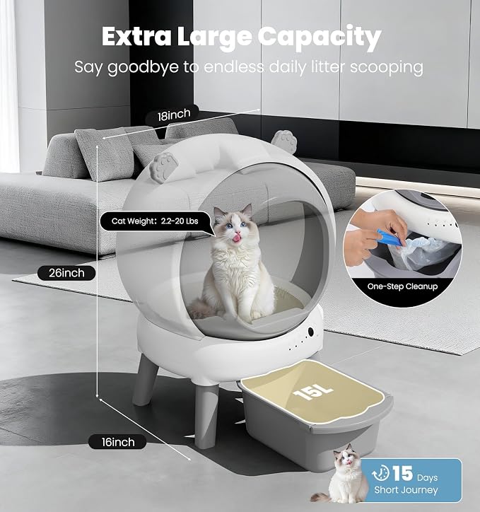 Self Cleaning Litter Box for Multiple Cats, 15L Large Automatic Litter Box with Smart APP Control, 35dB Ultra-Quiet Self-Cleaning Cat Litter Box, Dual Safety Infrared Sensors, Smell-Free, Gray-A - Image 2