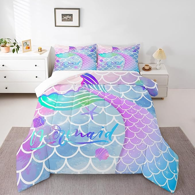 Homewish Fish Scale Comforter Set Mermaid Fish Scale Duvet Insert Watercolor Mermaid Bedding Set 2pcs for Kids Girls Soft Microfiber Quilted Duvet with 1 Pillowcase, Twin Size by Homewish