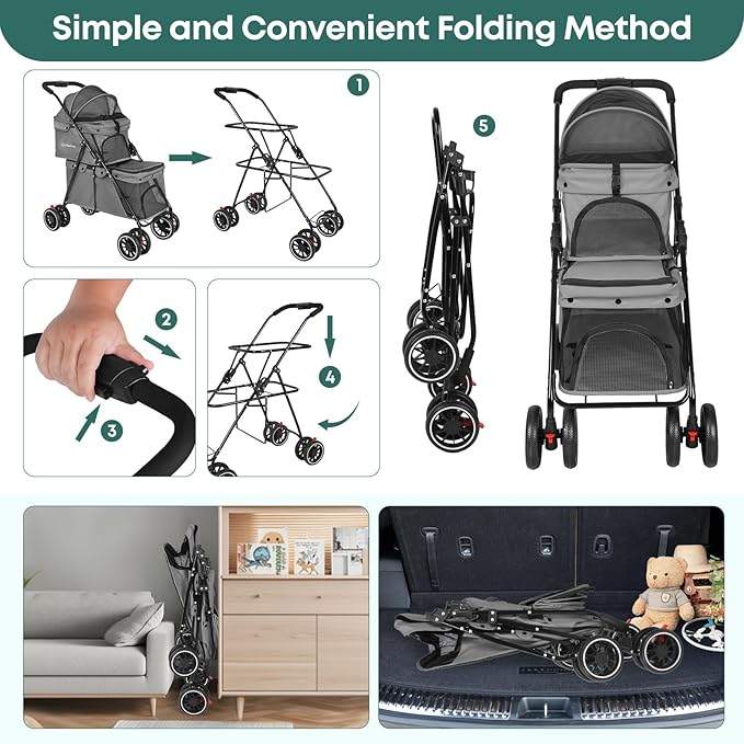 Double Pet Stroller for Dogs and Cats,Cat Strollers for 2 Cats,Double Dog Stroller for 2 Small Medium Dogs,4 Lockable Wheels/Lightweight/Folding,Grey