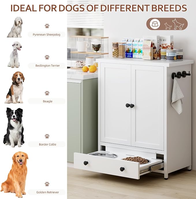 Dog Feeding Station with Storage, Metal Dog Food Storage Cabinet with 2 Elevated Bowls and 3 Hooks, Pet Feeding Station and Dogs Food Storage Organizer, White - Image 6