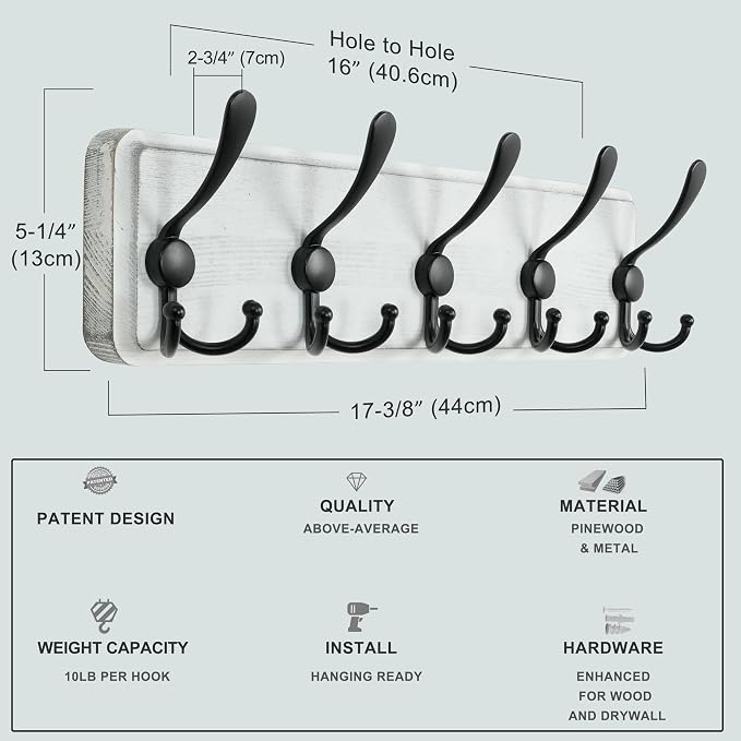 Dseap Coat Rack Wall Mounted - 5 Tri Hooks, Heavy Duty, Wooden Wall Coat Hanger Coat Hook for Clothes Hat Jacket Clothing, White & Black - Image 5