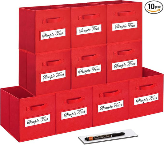 11 Inch Storage Cube,Storage bin,cube storage (Set of 10) Foldable Fabric Cube Storage Bins with 10 Labels Window Cards & a Pen,Baskets Containers for Shelves,Closet Organizers Box,Red by Artsdi