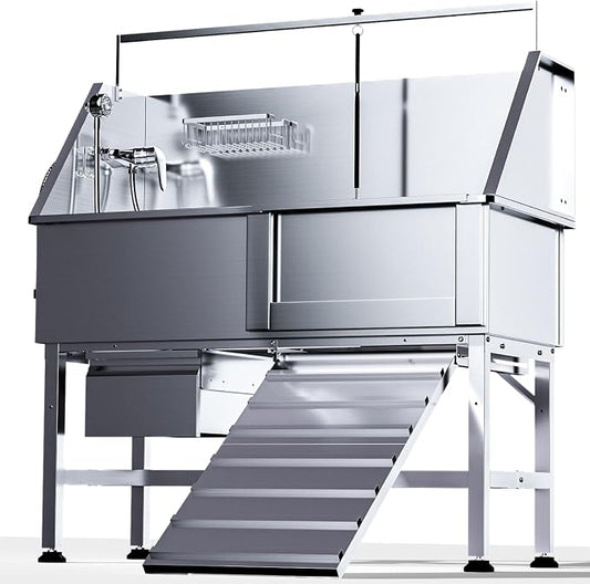46" Dog Washing Station for Home,Stainless Steel Professional Dog Bathing Station Height Adjustable D og Grooming Tub Ramp, Drawer, Floor Grate & Fauct (R Ramp) by RUDCXDY