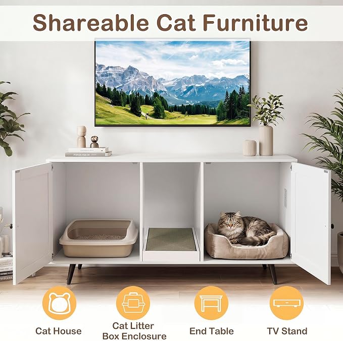 Tangkula Double Cat Litter Box Enclosure, Large Hidden Wooden Cat Cabinet for 2 Cats with Scratching Pad, Double Rooms, Versatile TV Stand Side Table for Indoor Living Room (White) - Image 4