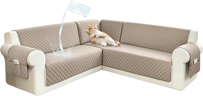 Sectional Couch Covers for Dogs 100% Waterproof Corner L Shaped Sofa Cover Pet Friendly Velvet Washable Anti Slip L Shape Modular Sofa Slipcover Protector with Pockets (Taupe, XX-Large) by SYJOVIA